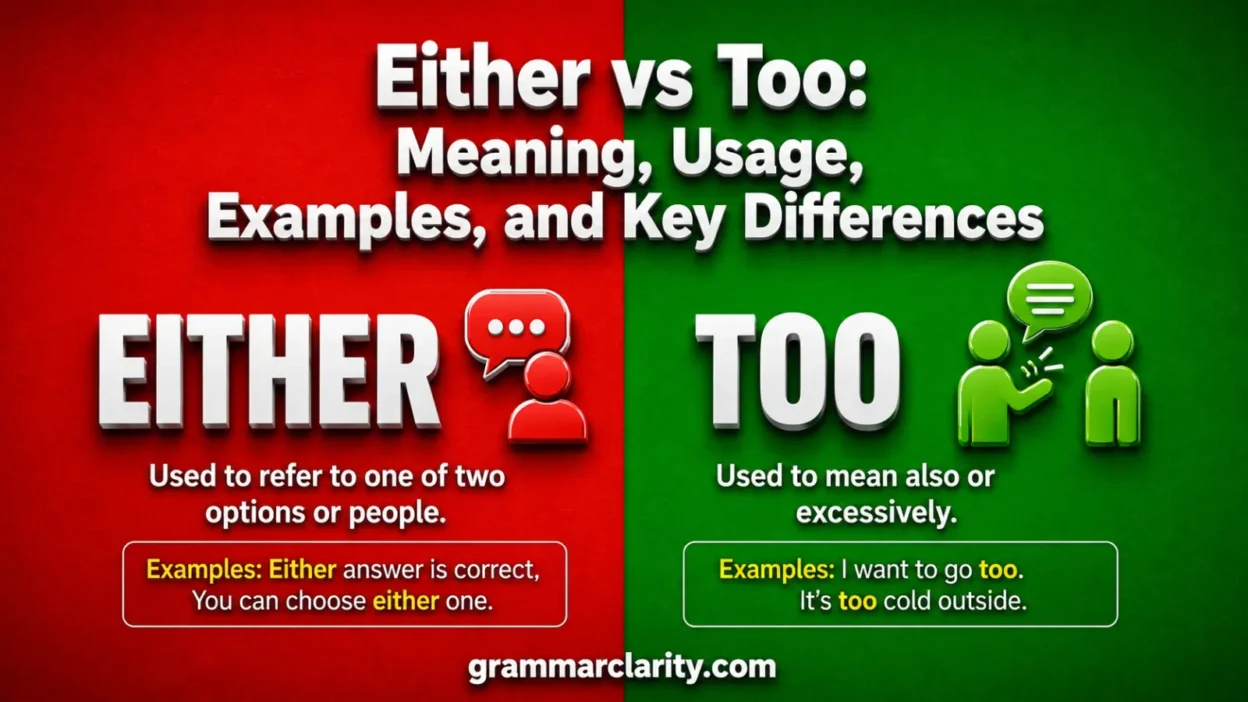 Either vs Too: Meaning, Usage, Examples, and Key Differences